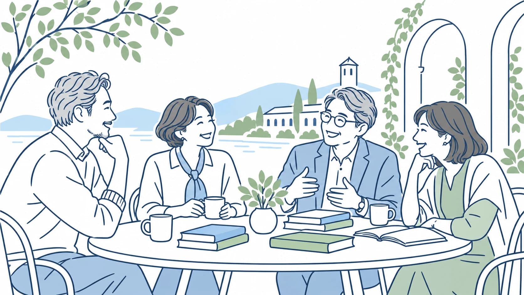 緑に囲まれたカフェで本を囲み、交流する大人たちの線画イラスト